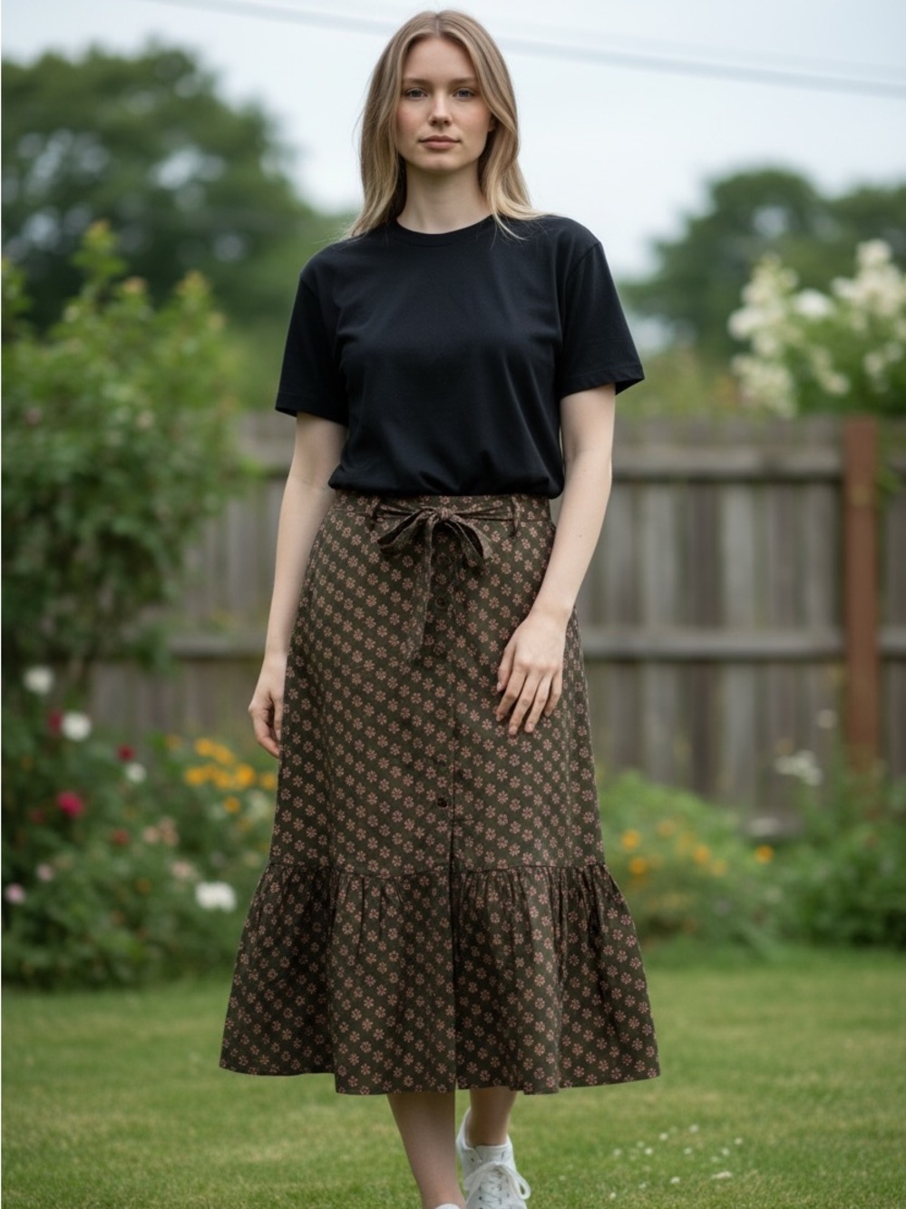 Green Printed Ruffle-Hem Women's Skirt